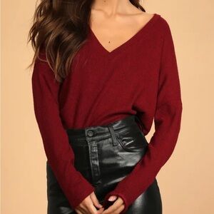 Lulus Just Vibing Wine Red Ribbed V-Neck Sweater Top